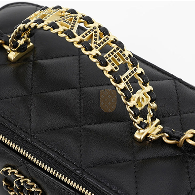 Ch*el black argyle lambskin cosmetic bag with gold hardware ap3663 (16*10*9cm)